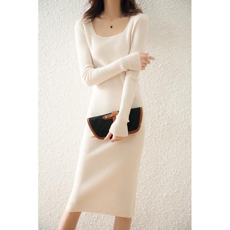 Autumn/Winter 2021 Long-Sleeve Square Collar Knit Wool Dress for Women - Knee-Length