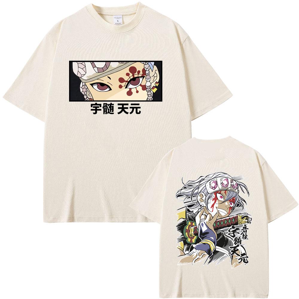 Anime Demon Slayer Uzui Tengen Double Sided Graphic Tshirt Men Women Casual Oversized Crewneck T-shirt Male Vintage Streetwear