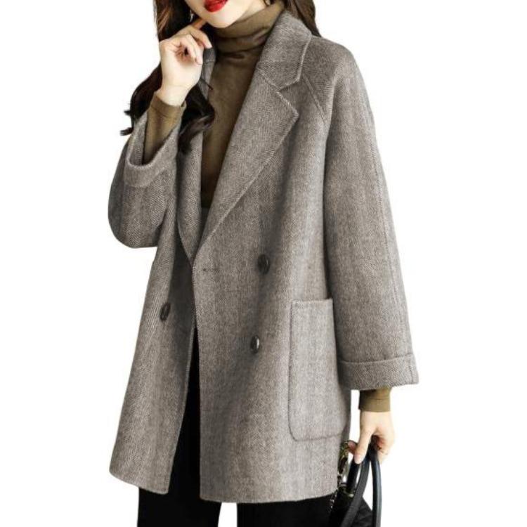 Women Winter Overcoat Woolen Coat Double Breasted Mid Length Formal Business Jacket Turn Down Collar OL Commuting Solid Color Thick Outerwear