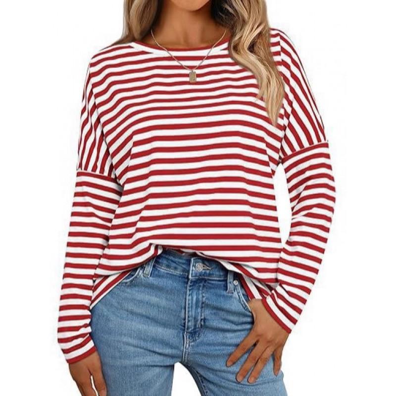 Womens Long Sleeve Crew Neck Striped Casual T-Shirt Loose Fit Cotton Blend Fall 2026
