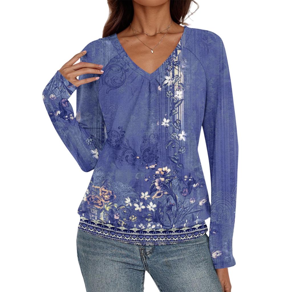 Women's Casual Fashion V-Neck Raglan Pleated Floral Print Long Sleeve Top