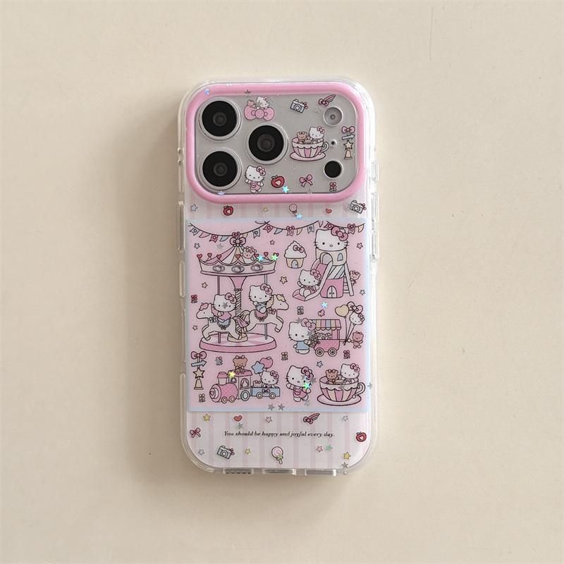 

Kawaii Pink Cate Amusement Park Clear Case For iPhone 17 16 15 14 Pro Max with Beaded Chain Double Layer Glitter Shockproof Case For iPhone 17ProMax