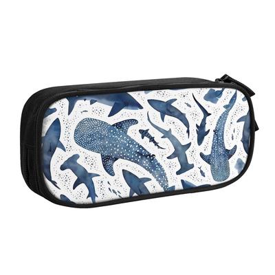 Monochrome Blue Watercolour Shark Ocean On White Pencil Cases Classic Starry Whale Sharks Bags Students School Zipper Pencil Box