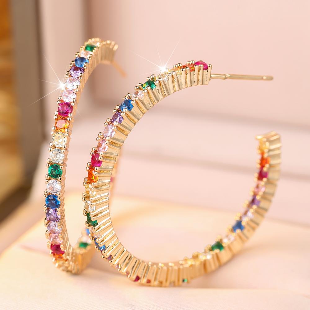 Colorful Gold Tone Hoop Earrings Rainbow Zircon Statement Jewelry Gift for Women Party