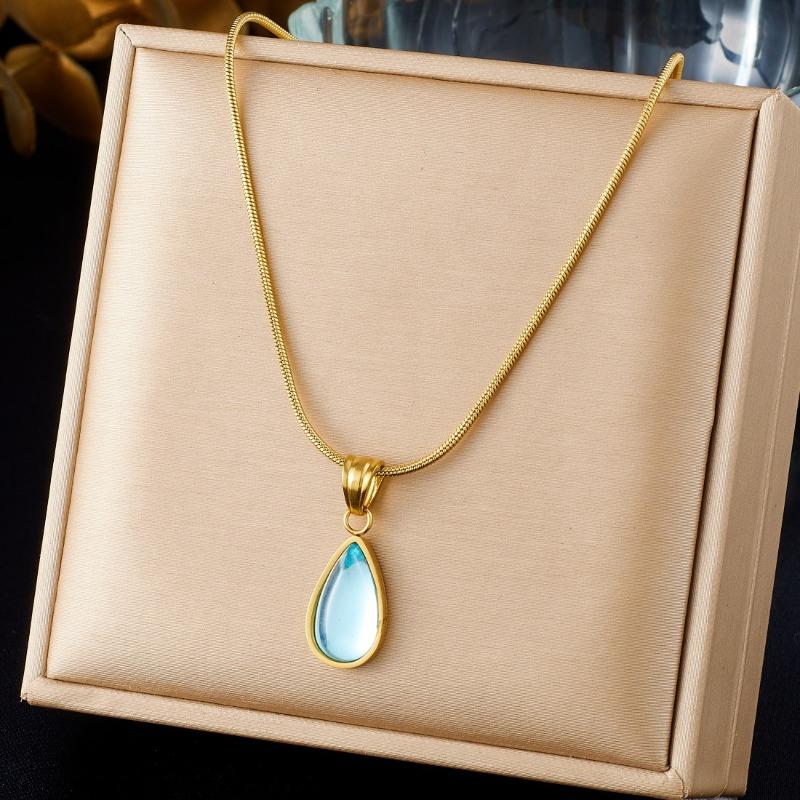 Gold Plated Snake Chain Necklace with Teardrop Shaped Blue Stone Pendant Fashion Jewelry for Women