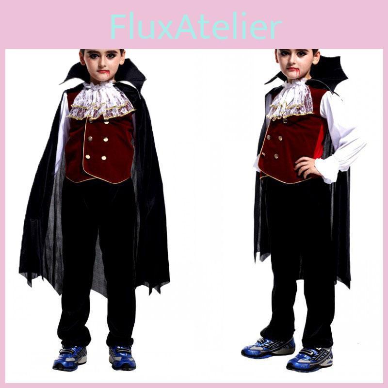 Elegant Black And Red Vampire Costume For Boys With Lace Details And Stand-up Collar