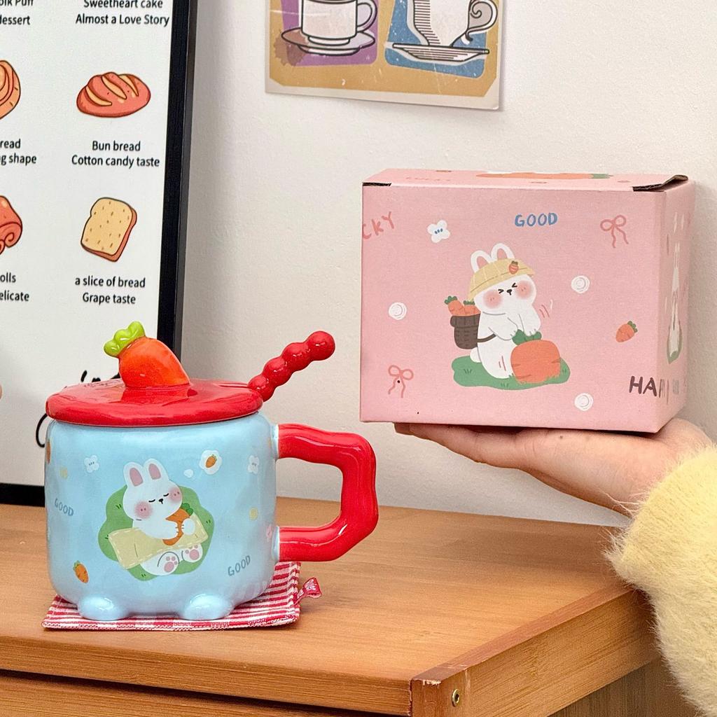 Girl's heart high appearance birthday gift cute rabbit water cup for boyfriend and girlfriend sister couple ceramic with lid spoon