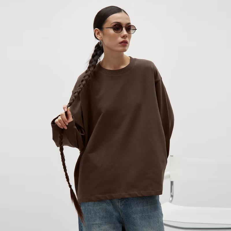 

Базовые повседневные хлопковые футболки с круглым вырезом, женские осенние свободные топы с длинными рукавами, мягкие универсальные однотонные пуловеры большого размера L коричневый