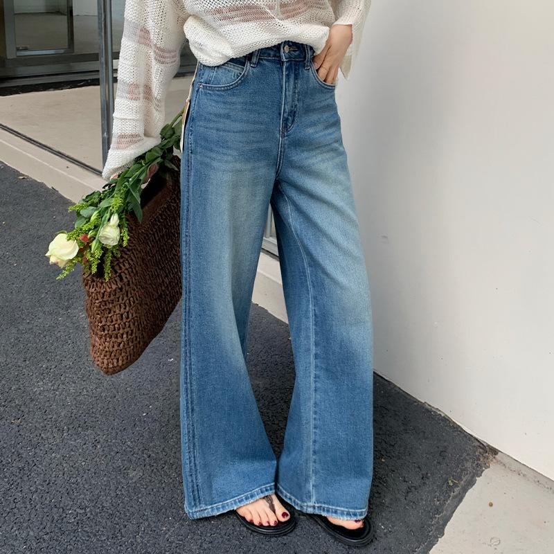 2026 Spring & Autumn Women s Retro Blue High-Waist Wide-Leg Slimming Jeans M