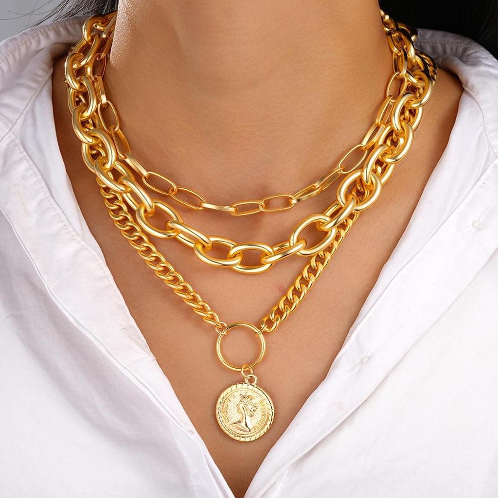 Women Three Layer Necklace Set, Embossed Round Coin Pendant OT Clasp Necklace, Luxury European Style Stackable Neck Jewelry