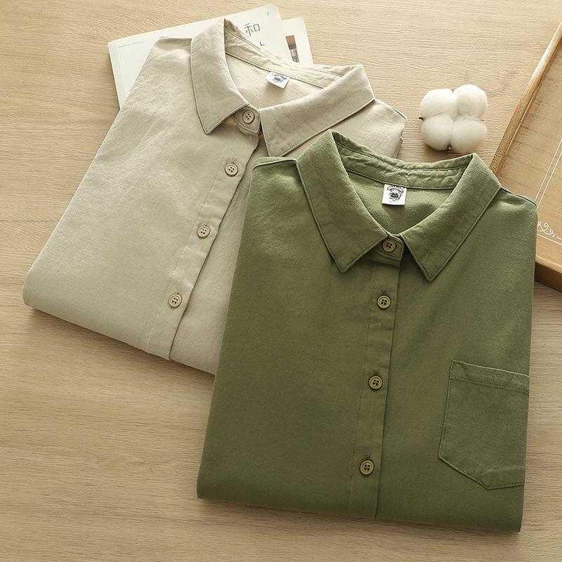 2026 Spring/Autumn Solid Color Brushed Cotton Long-Sleeve Unisex Japanese Casual Shirt