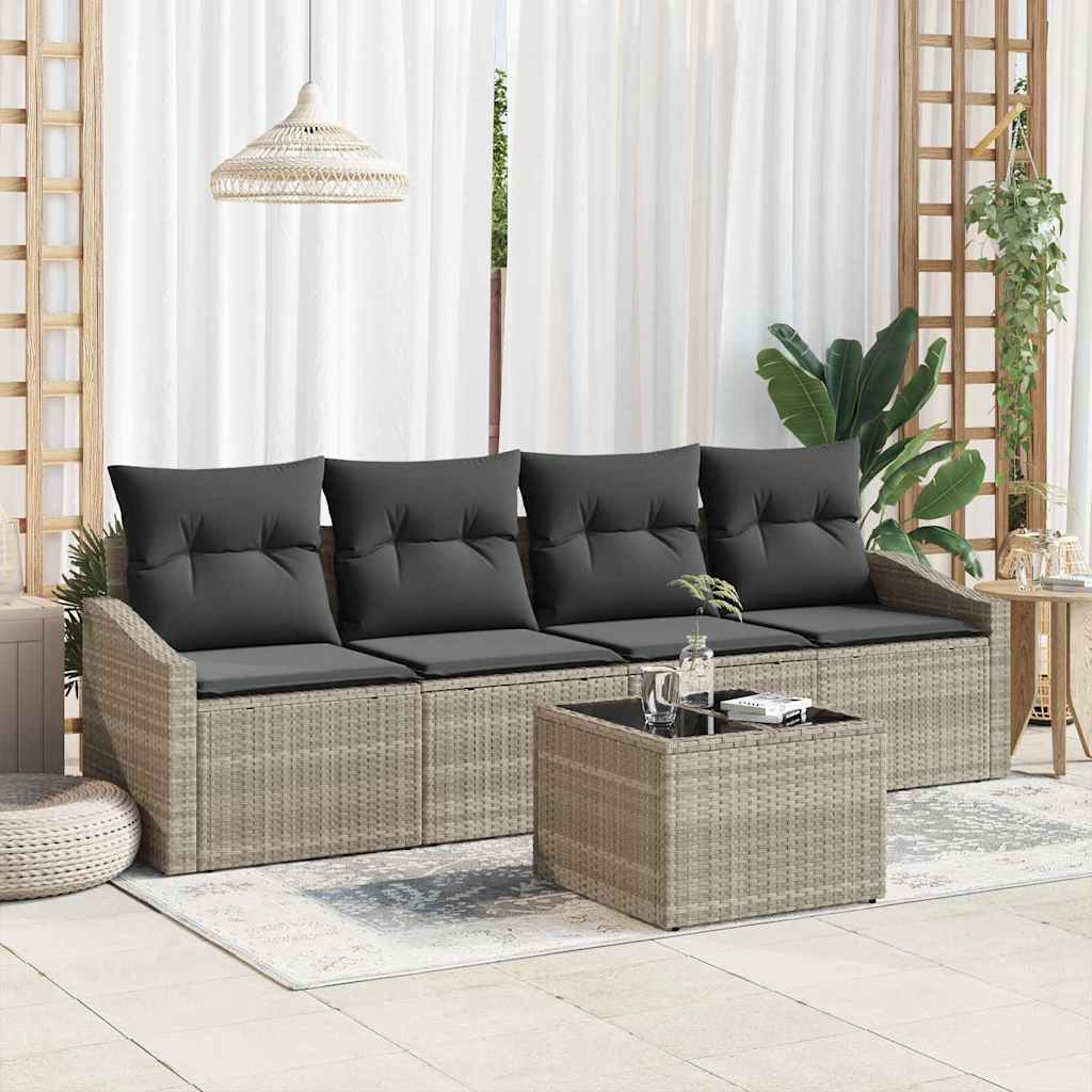 5 Piece Sofa Set with Cushions Light Grey Poly Rattan