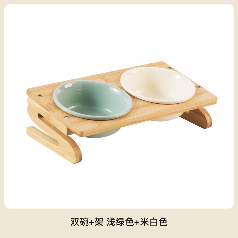 Tilted Ceramic Pet Bowl Bamboo Wood Stand Neck Protection Anti Spill Food Water Dish for Corgi Small Dogs Cats