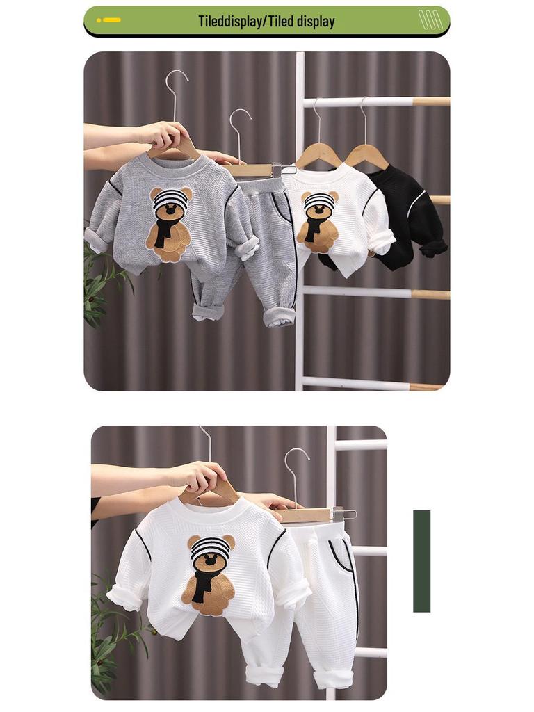 Korean Kids' Autumn Bear Sweatshirt & Sweatpants Set – Cartoon Two-Piece Long Sleeve Outfit
