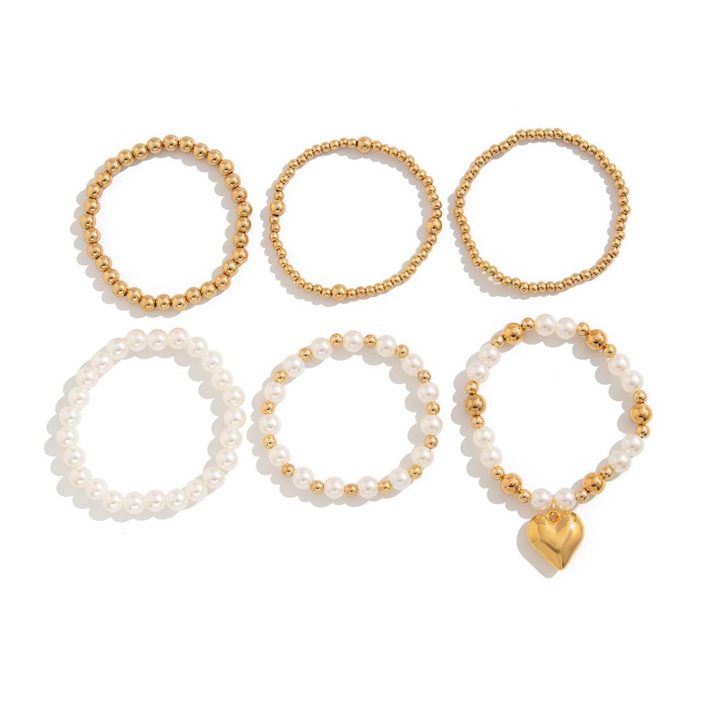 Punk Stacked Love Pendant Beaded Bracelet, Simple Imitation Pearl Elastic Bracelet Bracelet