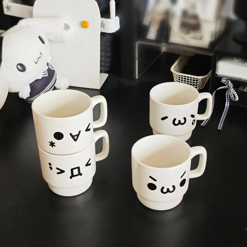 Ins Cute Expression Stackable Ceramic Mug, Minimalist White Coffee & Water Cup for Home Use