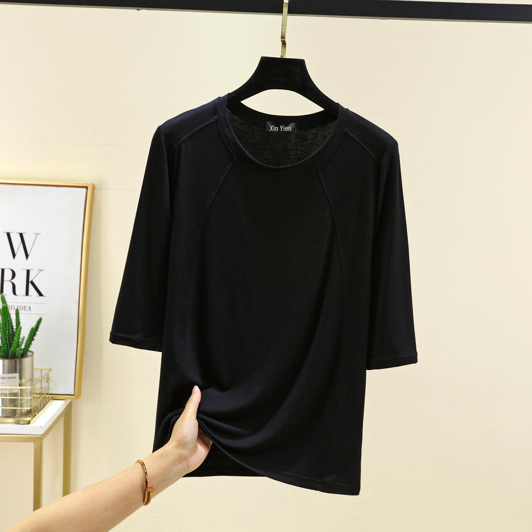 

Женская модальная футболка с лоскутным узором, рукав до середины, весна/лето, свободная, больших размеров, универсальная, стройнящая, круглый вырез Extra Extra Large