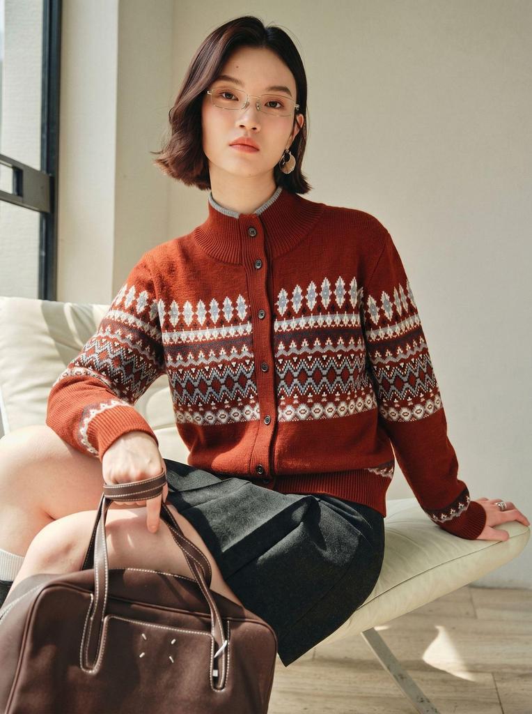 Women's Retro Fair Isle Wool Cardigan Sweater - Thick Knit, Stand Collar