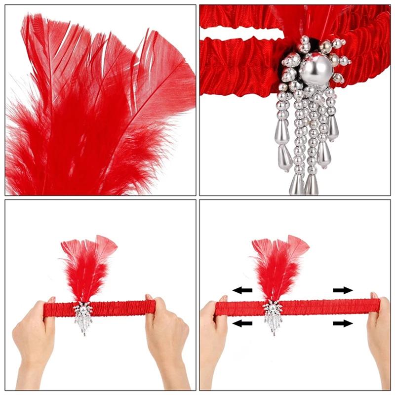 Headband Red Black Feather Pearl Headband Retro Party Props Dress Accessories