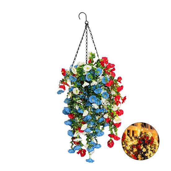 Yousheng Patriotic Hanging Flowers, Artificial Red White Blue Flowers Hanging Basket, Outdoor 4th of July Hanging Flower Basket for Porch Garden Decor