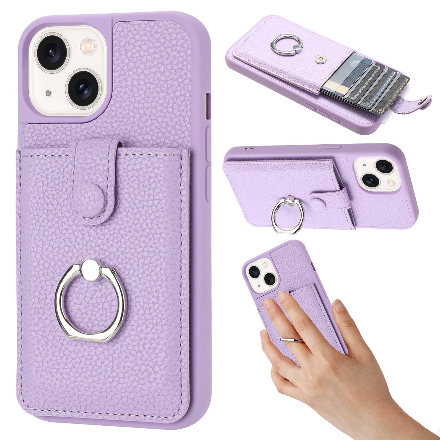 

For iPhone 14/13 Case Drawing Type Card Slots Litchi Texture Leather Back Cover with Ring Kickstand C