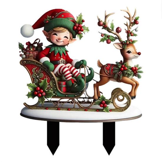 Waterproof Garden Inserts Christmas Elf Stake, Reindeer Sleigh Acrylic Yard Art Ornaments Xmas Outdoor Ornament for Holiday Lawn Flower Bed Decoration