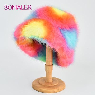 Cappelli a secchiello in pelliccia sintetica color block per donna Berretto in peluche colorato Berretto a secchiello peloso in pelliccia sintetica calda e soffice alla moda
