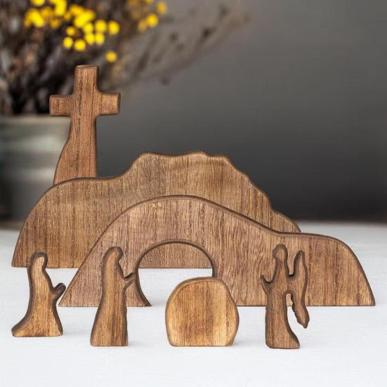 Crèche en bois représentant un tombeau vide, avec scène de la Nativité et de la Résurrection, pour la maison, le bureau ou l'église. Décoration religieuse pour Pâques.