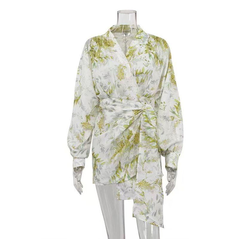 

Новое поступление Французский принт Длинные рукава V-образный вырез Асимметричный нижний край с кружевом Платье с принтом Кружевная шнуровка Платье Yellow L