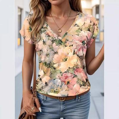 Bunte Blumen Sommer Casual Weibliche Pendler Elegante V-ausschnitt Kurzarm T-Shirts frauen