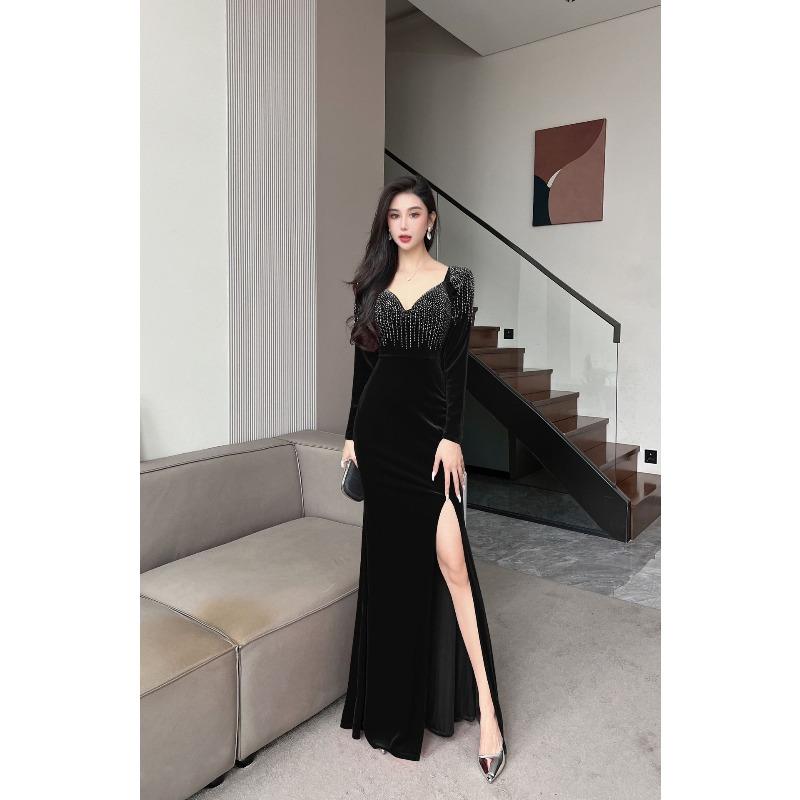 Black evening dress dress women s 2 new banquet temperament fishtail high-end velvet dress high-end sense will winter S чёрный