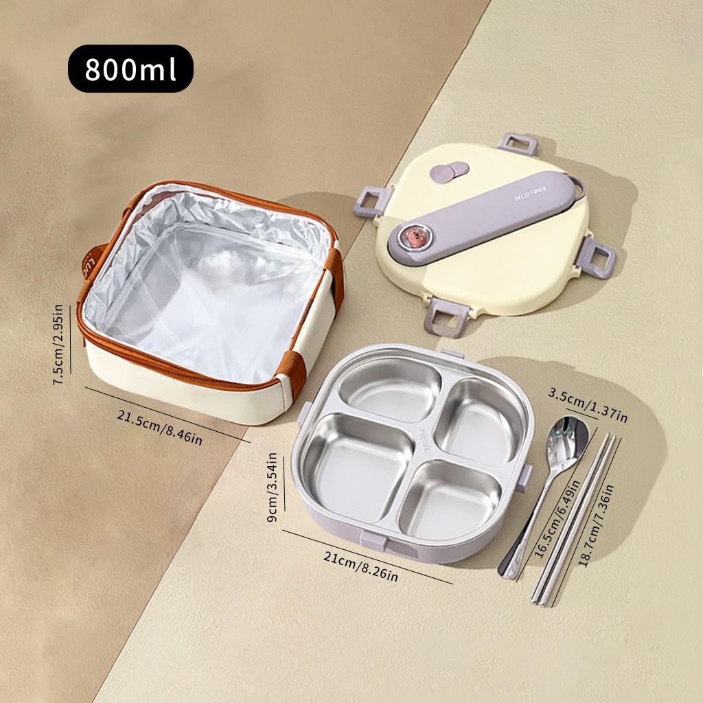 3/4 Grid Portable Square Lunch Container With Cutlery Capybara 304 Stainless Steel Divided Lunch Box For Kids Student Heatable
