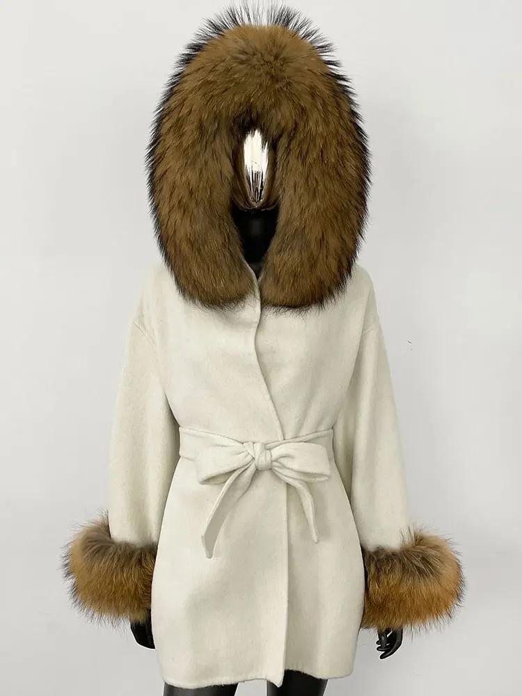 

OFTBUY 2024 Новое шерстяное пальто с натуральным мехом, поясом, зимняя куртка для женщин, воротник из натурального меха лисы, капюшон, манжеты, уличная верхняя одежда M
