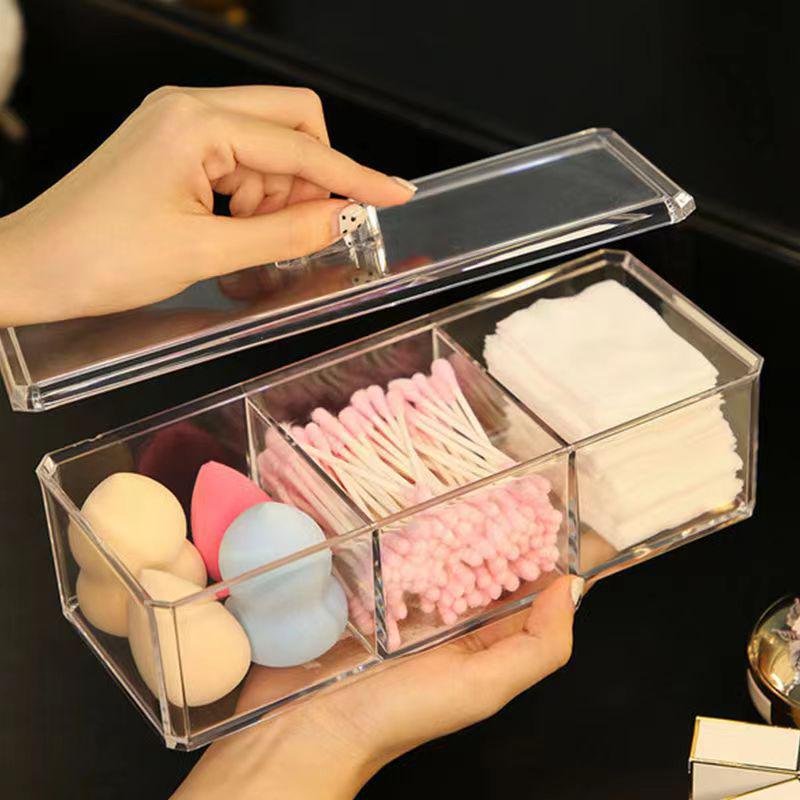 Transparent Acrylic Nail Art Storage Box with Cover - Three Compartments for Cotton Sheets, Swabs, and Powder Puff - Dustproof Beauty Egg Holder