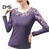 Dameoverdeler Rundhals Langermet Mesh Blonder Broderi Pullover Topper Ensfarget Slim Fit Bluse Daglig slitasje