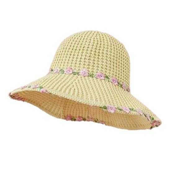 

Sun Hat Pastoral Style Hand-Woven Flower Pattern Wide Brim Bucket Hat Vacation Leisure Sun Protection Hat A