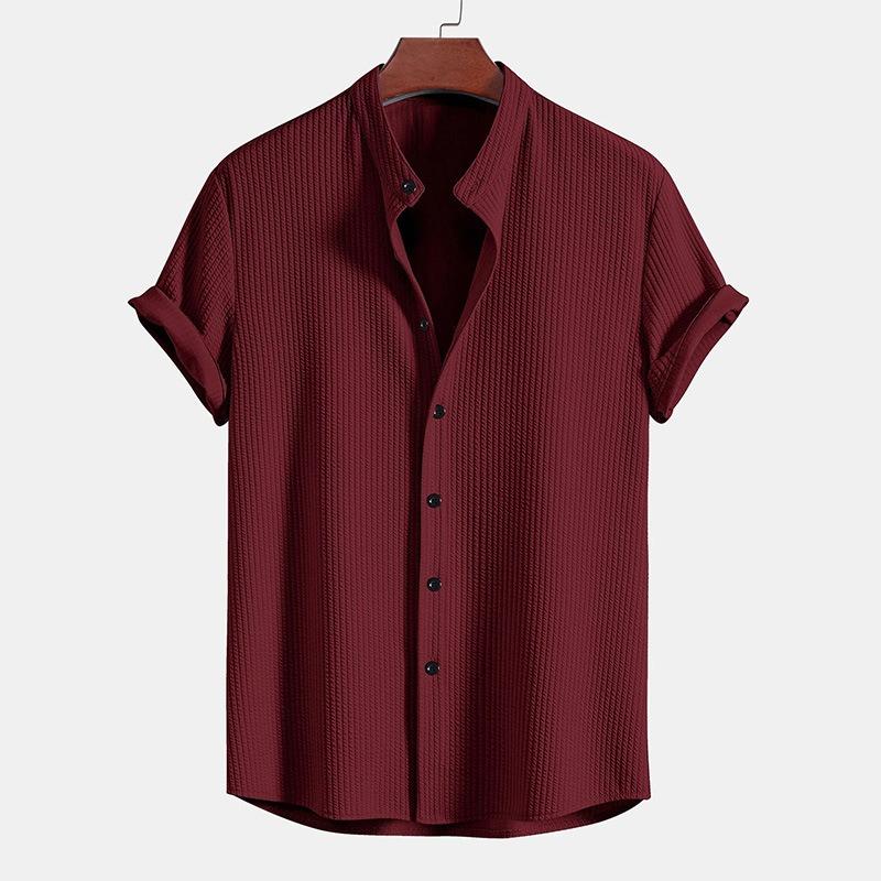 Men's Short Sleeve Solid Color Button Down Shirt Stand Collar Top
