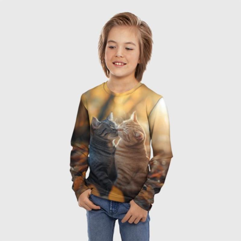 Children's Cartoon Kitten Print Color Painting T-shirt Boys Cute Long Sleeved Soft Comfortable Top
