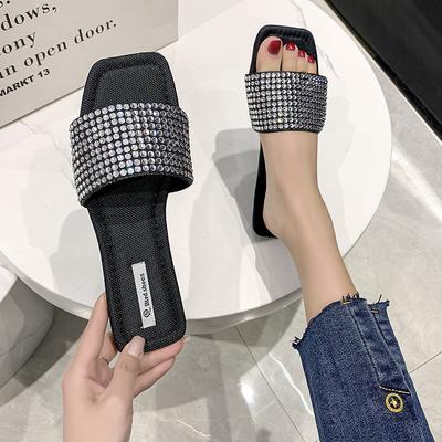 Fashion Luxury Designer Shiny Crystal Slippers Women Flat Heel Outdoor Slides Summer Shoes Bling Sandalias Open Toe Glitter Flip Flops