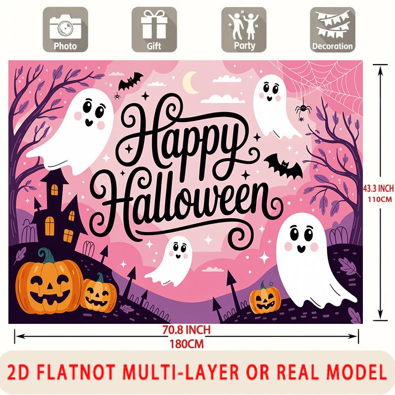Party Backdrop Halloween Flat Spanish Language Ghosts Pumpkins Spooky Haunted House Photo Booth Background Front Door Decor