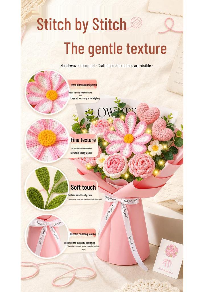 Handmade Knitted Yarn Bouquet: Crocheted Roses, Lilies, Tulips, and Gesang Flowers for Valentine's Day