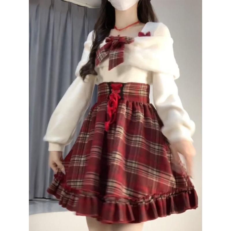 

Korean Sweet Girl Red Plaid Bow Slim Waist High-Waisted Skirt S