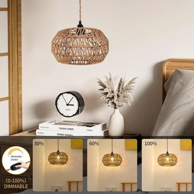 Boho Style Retractable Rattan Ceiling Pendant Light With Dimmable Switch Bamboo Light Fixture,Kitchen Island Lamp