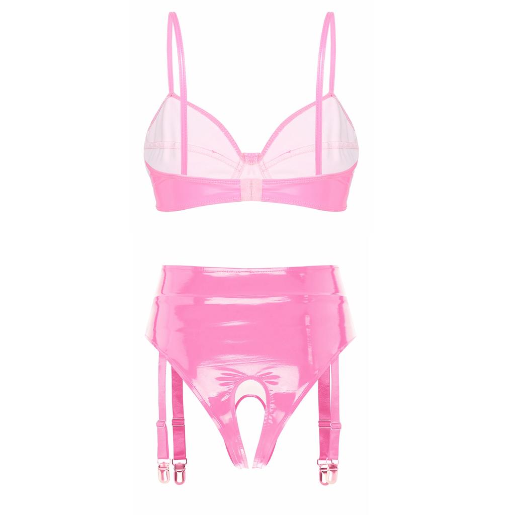 Womens 2Pcs Lingerie Set Wet Look Patent Leather Bra with Panties Teddy Bikini Underwear