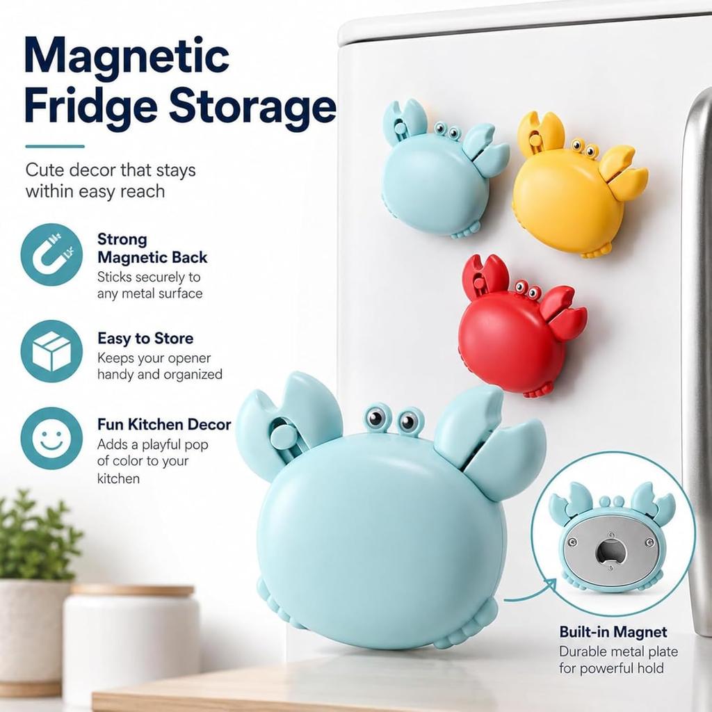 Crab Multifunctional Bottle Opener, 4-in-1 Magnetic Refrigerator Magnet with Scissors, Box Cutter&Bottle Opener, Cute Crab Magnetic Beer Bottle Opener