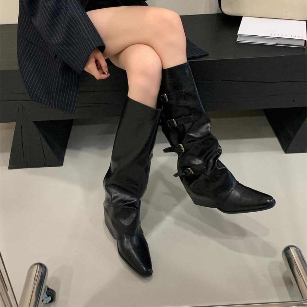 Heel Pants Boots Belt Buckle Boots 2025 Fall/Winter Pointed Western Cowboy Boots Vintage Spice Girl Knight Boots