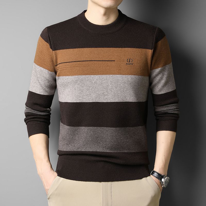 Autumn Winter New Men Sweater O-Neck Striped Contrast Color Thicken Warm Trend Fashion Loose Long Sleeve Pullovers Knitted Top