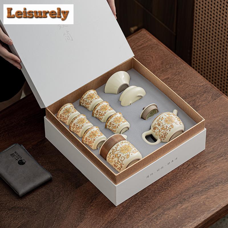 Ru Kiln Golden Flower Blessing Tea Set Complete Set Aesthetic Tea Ceremony Set Teapot and Tea Cup Set Chinese Tea Set Ornaments