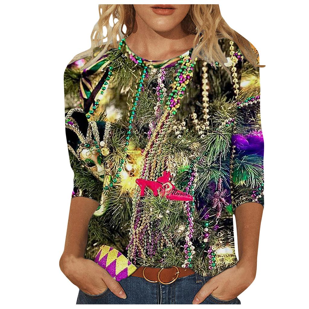 Long Sleeved Glamorous Mask Patterned Top Carnival Themed Printed Women's T-shirts