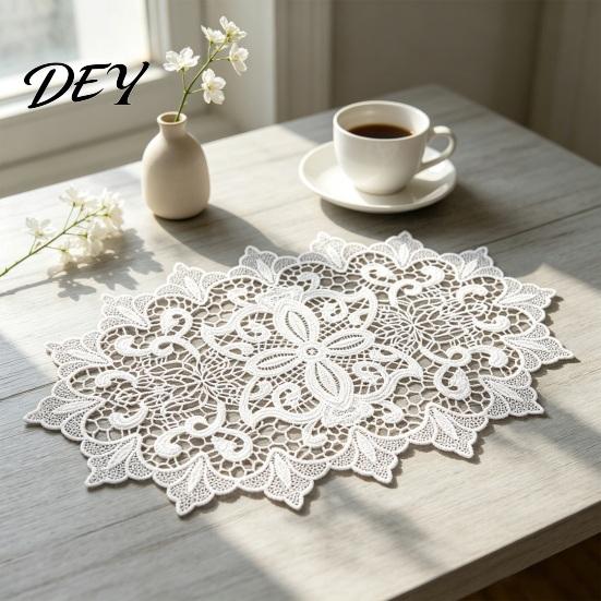 Vintage Floral Doilies for Tea Trays White Lace Doily, Elegant Retro Placemat, Embroidered Table Breathable Polyester Mats Mat, Rectangular Round Oval